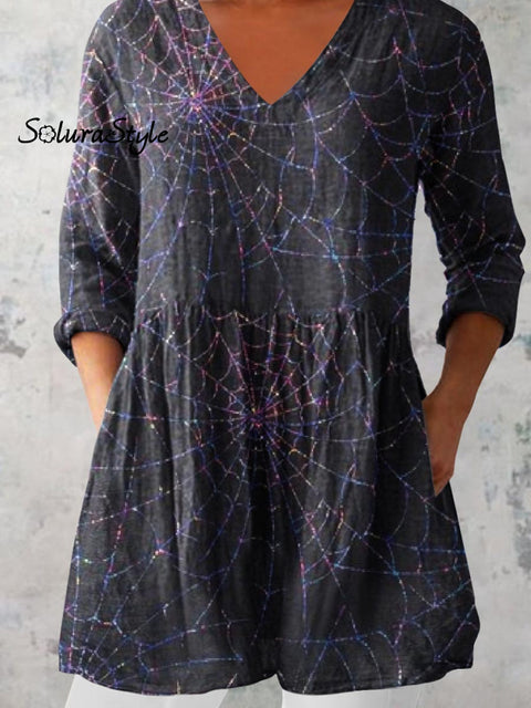 Women’s Halloween Spider Web Pattern Print V-Neck Cotton and Linen Top