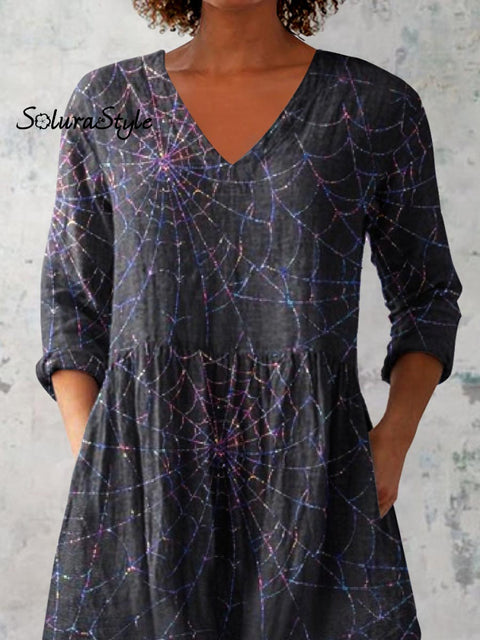 Women’s Halloween Spider Web Pattern Print V-Neck Cotton and Linen Top