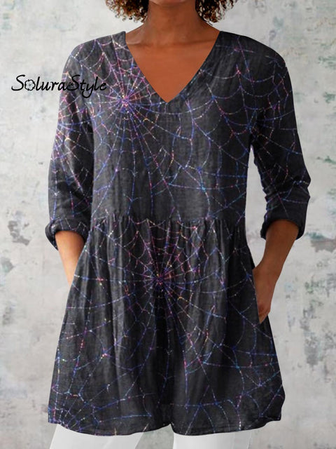 Women’s Halloween Spider Web Pattern Print V-Neck Cotton and Linen Top Black / S