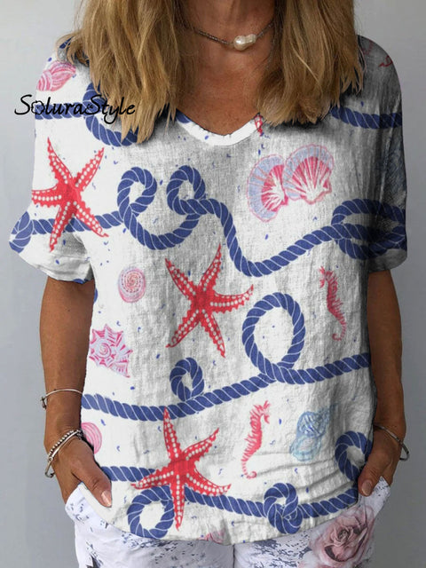 Women’s Hemp Rope Starfish Art Print Casual Cotton And Linen Shirt Multicolor / S