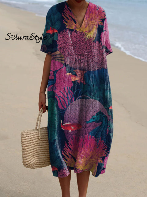 Women’s Hot Pink Marine Coral Art Print Flowy Casual Dress Multicolor / S