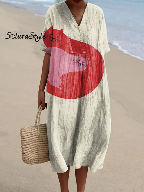 Women’s Hugging Cat Art Print Flowy Dress Multicolor / S