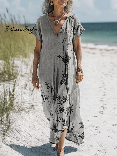 Women’s Ink Bamboo Leaf Art Print Pocket Cotton Dress Multicolor / S