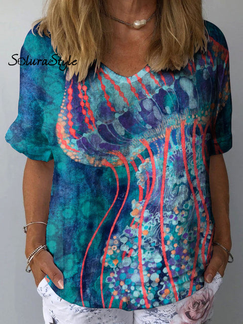 Women’s Jellyfish Colorful Abstract Art Print Casual Cotton And Linen Shirt Multicolor / S