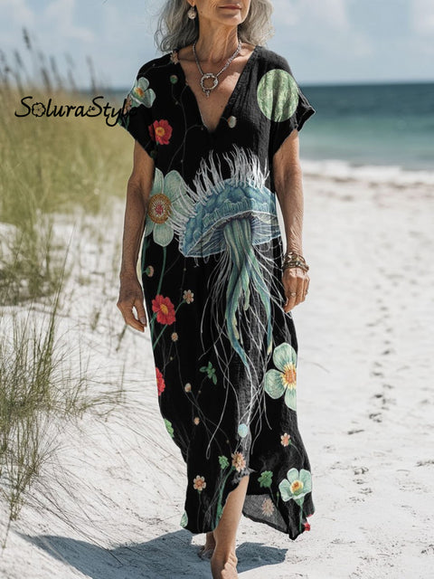 Women’s Jellyfish Flower Art Print Pocket Cotton Dress Multicolor / S