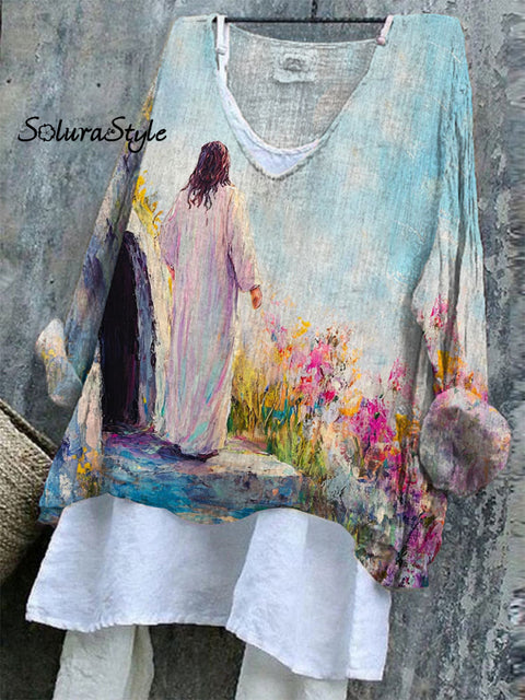 Women’s Jesus Easter Art Print Casual Cotton And Linen Shirt Multicolor / S