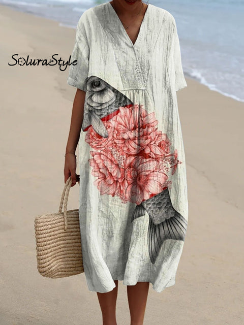 Women’s Koi Carving Art Print Flowy Dress Multicolor / S