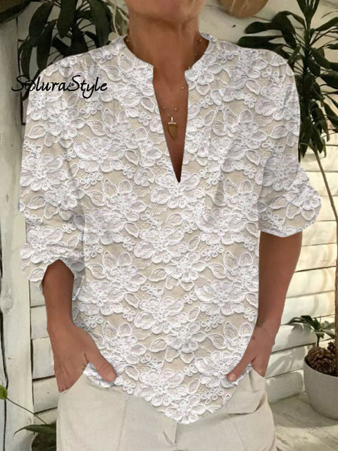 Women’s Lace Floral Art Print Casual Short Sleeve Comfortable Cotton Shirt Multicolor / S