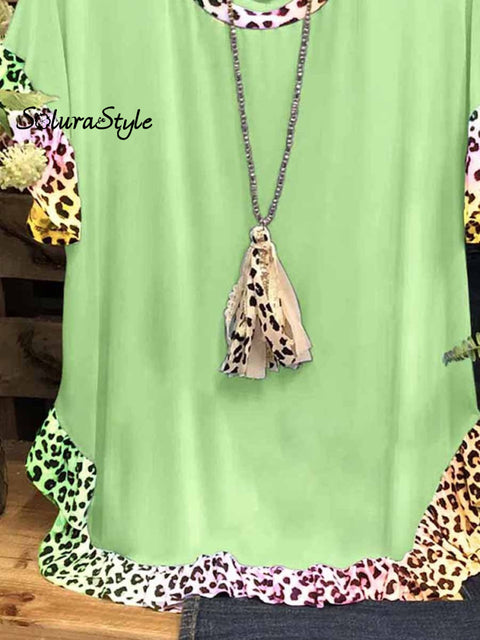 Women’s Leopard Printed Short Sleeve Big Round Neck Loose Top