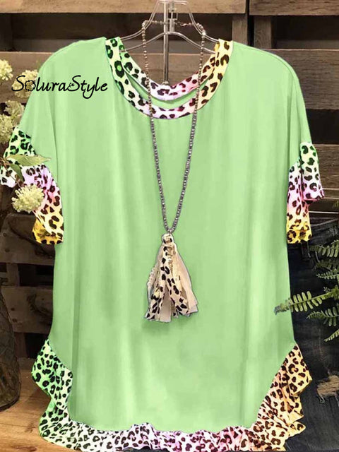 Women’s Leopard Printed Short Sleeve Big Round Neck Loose Top