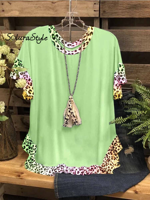 Women’s Leopard Printed Short Sleeve Big Round Neck Loose Top Colorful / S