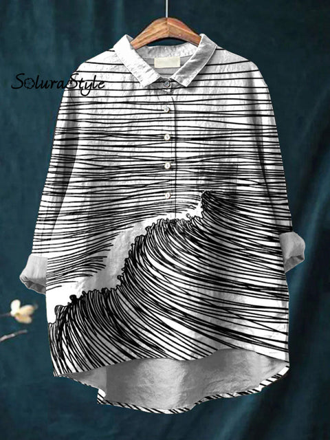 Women’s Line Art Print Casual Cotton And Linen Shirt Multicolor / S