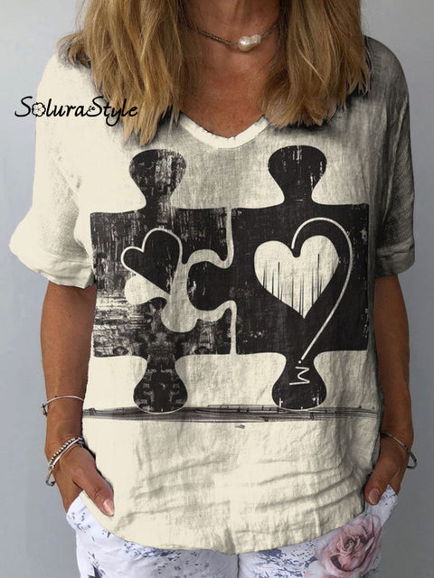 Women’s Love Jigsaw Art Print Casual Cotton And Linen Shirt Multicolor / S