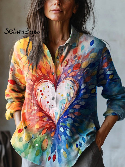 Women’s Love Painting Art Print Casual Cotton And Linen Shirt Multicolor / S