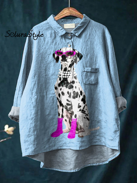Women’s Lovely Dog Art Print Casual Cotton And Linen Shirt Blue / S