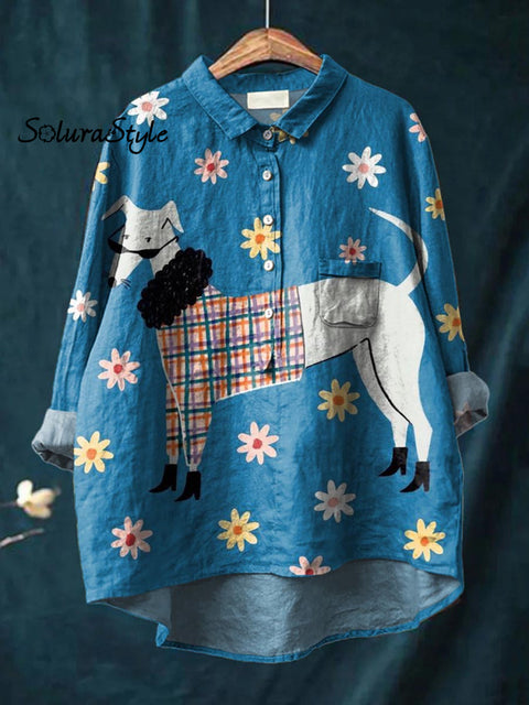 Women’s Lovely Dog Art Print Casual Cotton And Linen Shirt Multicolor / S
