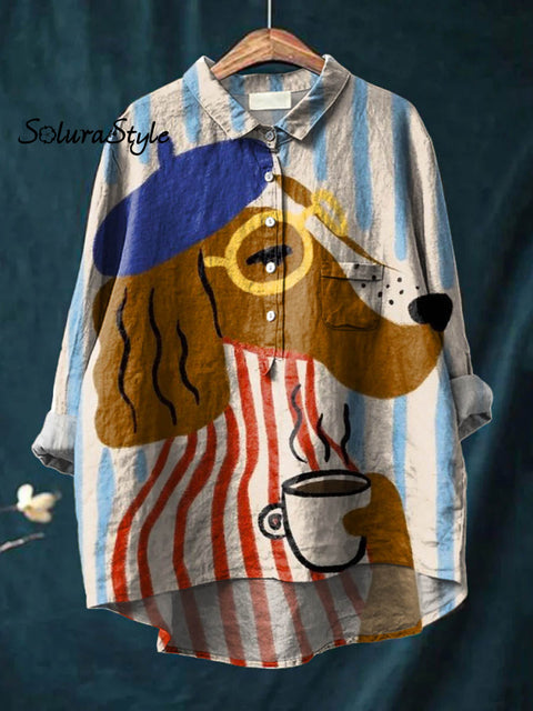 Women’s Lovely Dog Art Print Casual Cotton And Linen Shirt Multicolor / S