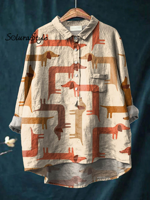 Women’s Lovely Dogs Art Print Casual Cotton And Linen Shirt Multicolor / S