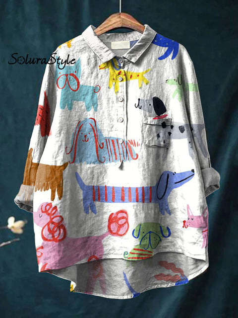 Women’s Lovely Dogs Art Print Casual Cotton And Linen Shirt Multicolor / S