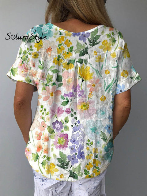 Women’s Lovely Floral Art Print Casual Cotton And Linen Shirt
