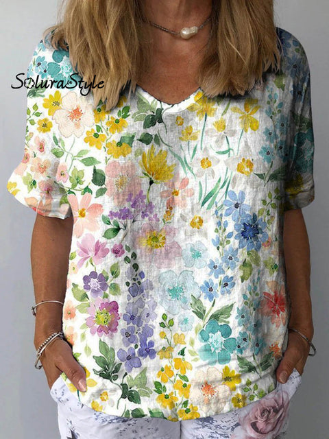 Women’s Lovely Floral Art Print Casual Cotton And Linen Shirt Multicolor / S