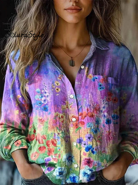 Women’s Lovely Floral Art Print Casual Long Sleeve Comfortable Cotton Shirt Multicolor / S