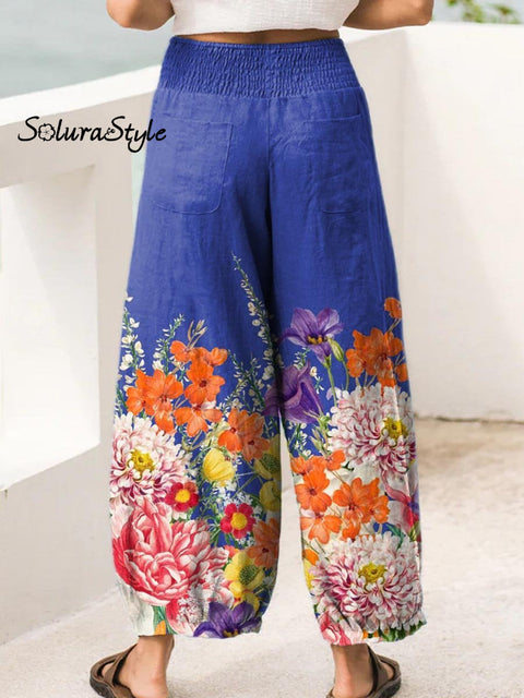 Women’s Lovely Floral Art Print Cotton Wide Leg Pants