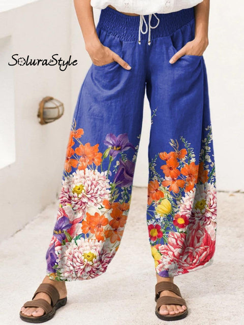 Women’s Lovely Floral Art Print Cotton Wide Leg Pants Multicolor / S