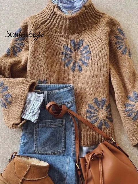 Women’s Lovely Floral Art Print Knit Turtleneck Pullover Sweater Brown / S