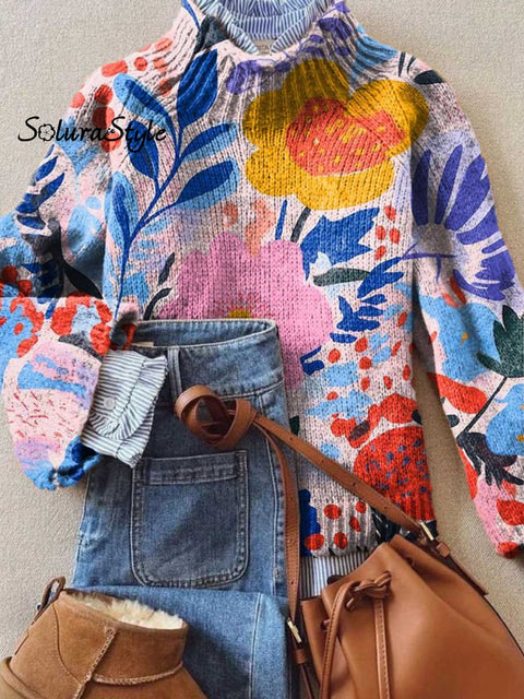 Women’s Lovely Floral Art Print Knit Turtleneck Pullover Sweater Multicolor / S