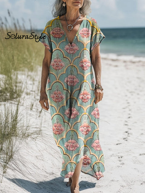 Women’s Lovely Floral Art Print Pocket Cotton Dress Multicolor / S