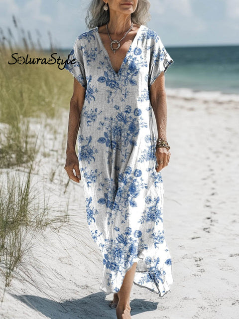 Women’s Lovely Floral Art Print Pocket Cotton Dress Multicolor / S