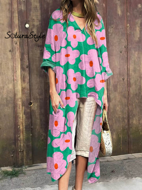 Women’s Lovely Floral Art Print V-Neck Cotton Shirt Multicolor / S