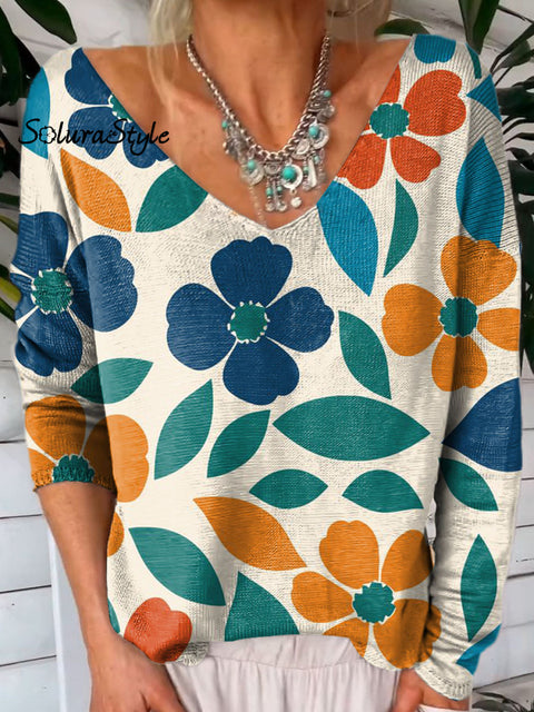 Women’s Lovely Floral Art Print V-Neck Pullover Knit Top Multicolor / S