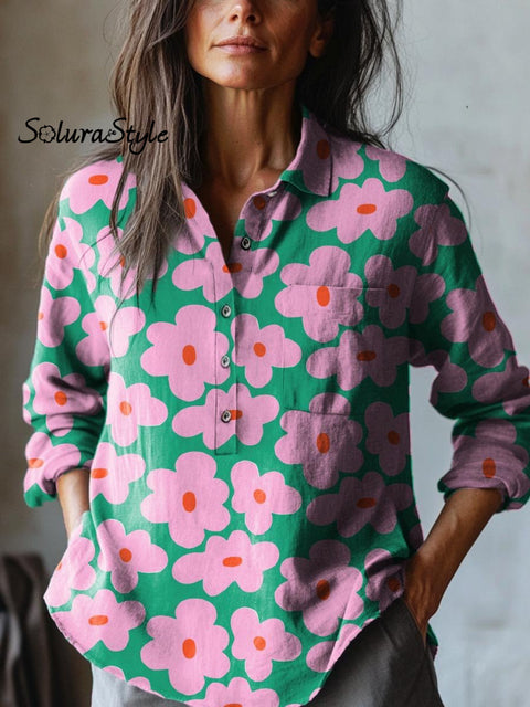 Women’s Lovely Flowers Art Print Casual Cotton And Linen Shirt Multicolor / S