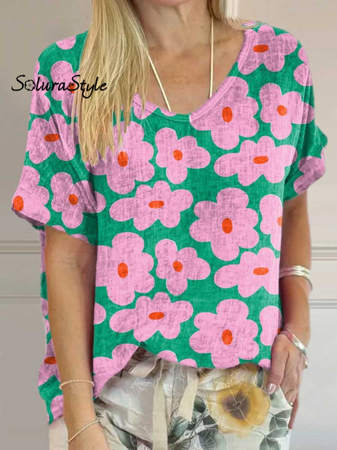 Women’s Lovely Flowers Art Print Casual Cotton And Linen Shirt Multicolor / S