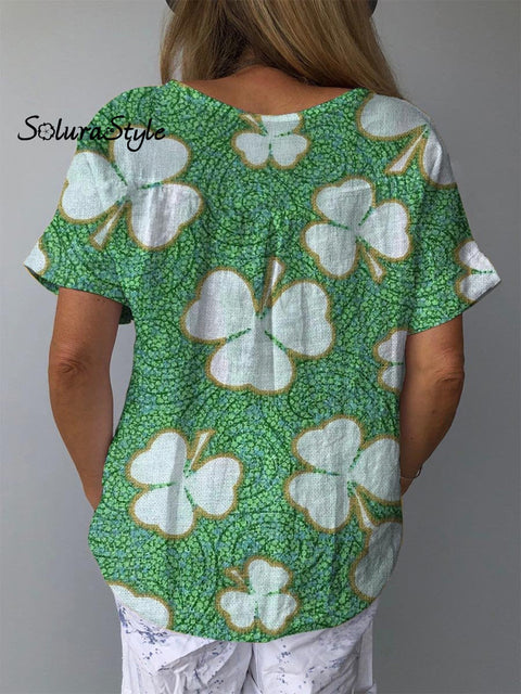 Women’s Lovely Lucky Clover Art Print Casual Cotton And Linen Shirt