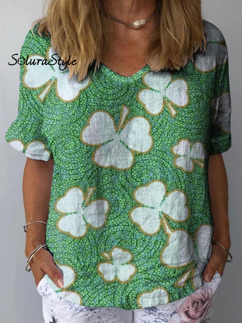 Women’s Lovely Lucky Clover Art Print Casual Cotton And Linen Shirt Green / S