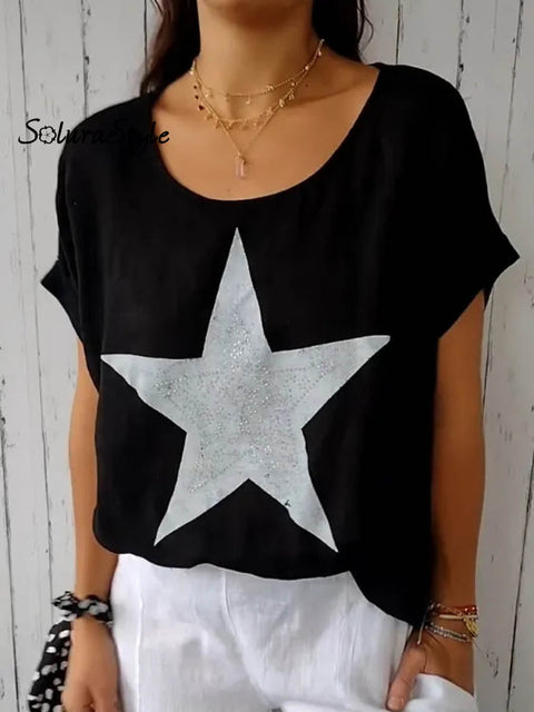 Women’s Lovely Pentacle Art Print Loose Stylish Cotton And Linen Top T-shirt Black / S