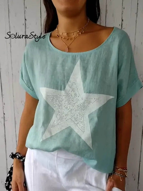 Women’s Lovely Pentacle Art Print Loose Stylish Cotton And Linen Top T-shirt Green / S