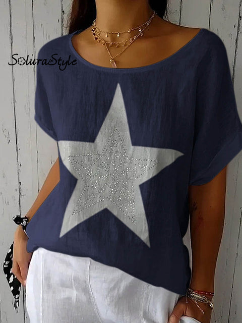 Women’s Lovely Pentacle Art Print Loose Stylish Cotton And Linen Top T-shirt NavyBlue / S