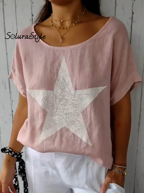 Women’s Lovely Pentacle Art Print Loose Stylish Cotton And Linen Top T-shirt Pink / S