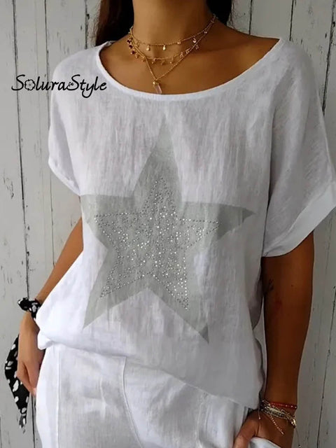 Women’s Lovely Pentacle Art Print Loose Stylish Cotton And Linen Top T-shirt White / S