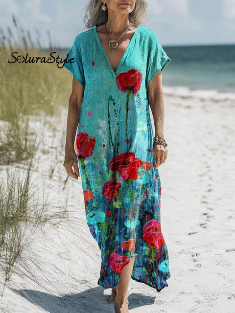 Women’s Lovely Poppy Art Print Pocket Cotton Dress Multicolor / S