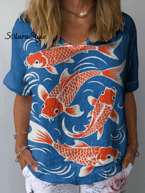 Women’s Lucky Koi Art Print Casual Cotton And Linen Shirt Multicolor / S