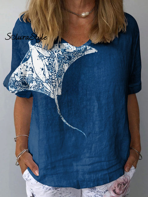 Women’s Manta Art Print Casual Cotton And Linen Shirt
