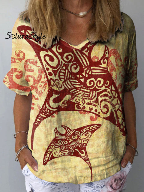 Women’s Manta Art Print Casual Cotton And Linen Shirt Multicolor / S