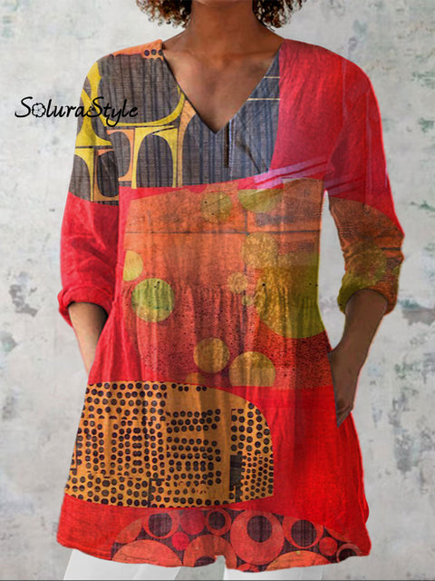 Women’s Modern Abstract Art Print Casual Linen V-neck Shirt Multicolor / S