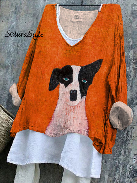 Women’s Modern Abstract Dogs Art Print Casual Cotton And Linen Shirt Multicolor / S