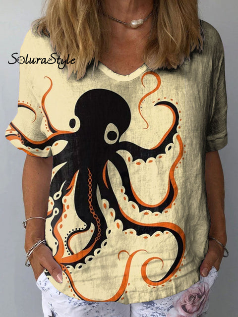 Women’s Octopus Art Print Casual Cotton And Linen Shirt